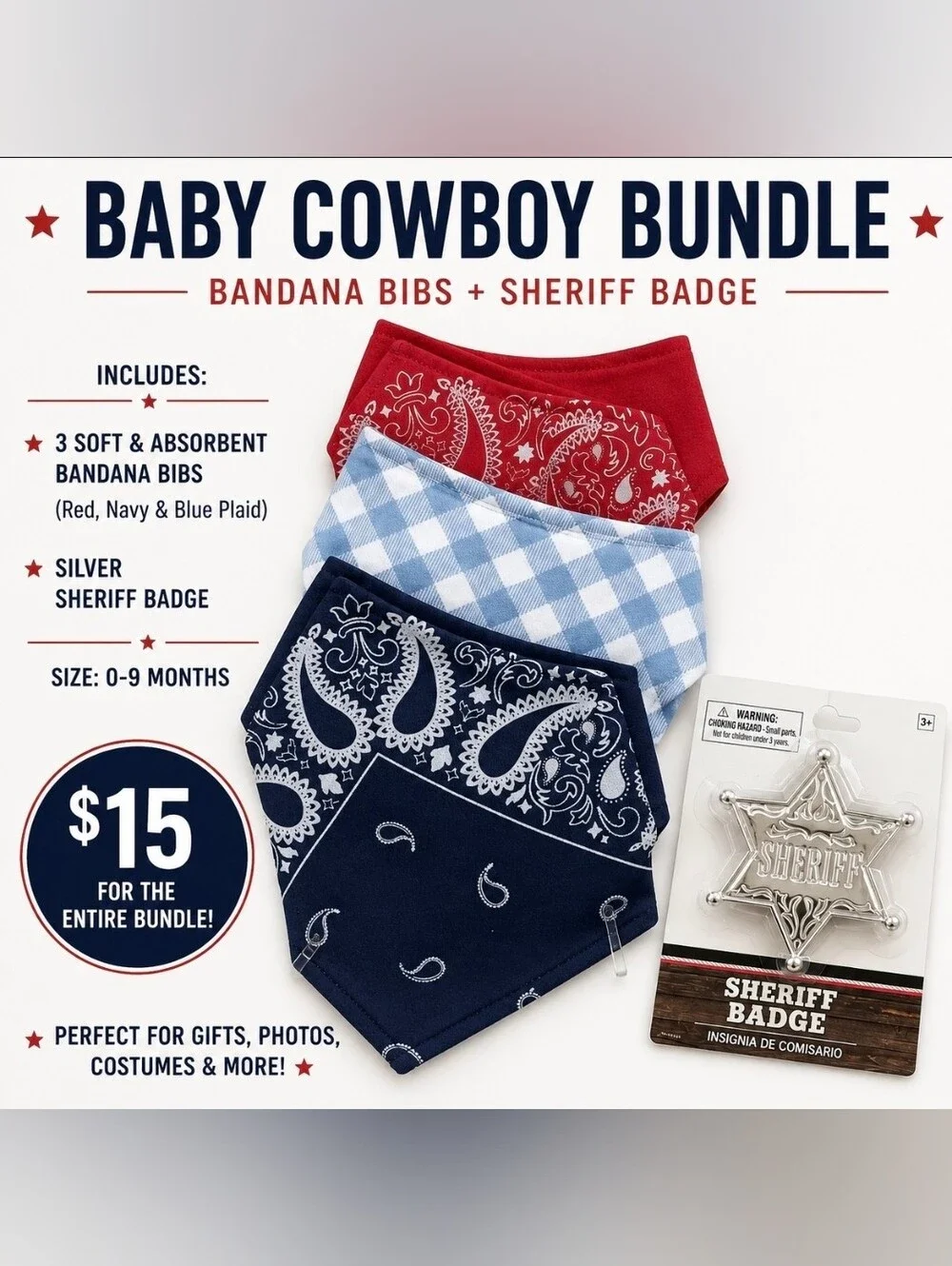 Baby Cowboy Bundle - Red, Blue & Navy Bandana Bibs with Silver Sheriff Badge